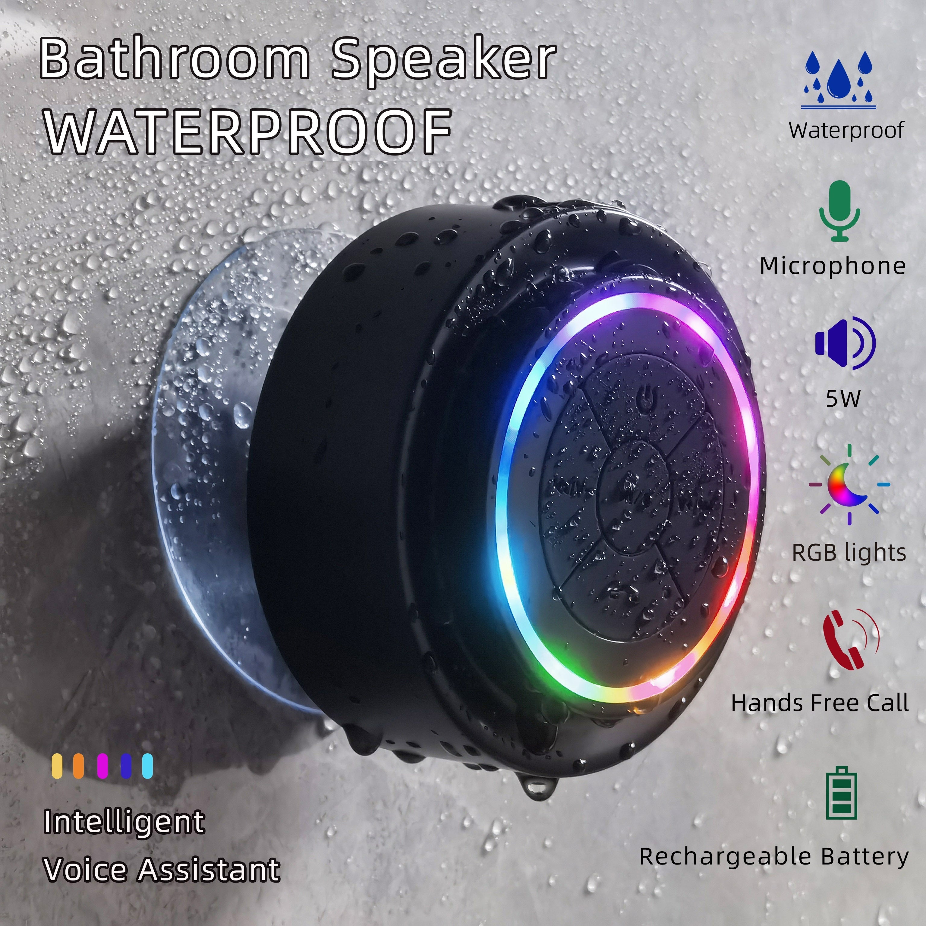 Portable Shower Speaker With Built-in Microphone, Voice Assistant Control, Hands-Free Calling, TWS Playback, 5W High Power, Rechargeable Lithium Polymer Battery, Long-Lasting Playtime, HD Decoding, Strong Suction Cup, RGB Lig