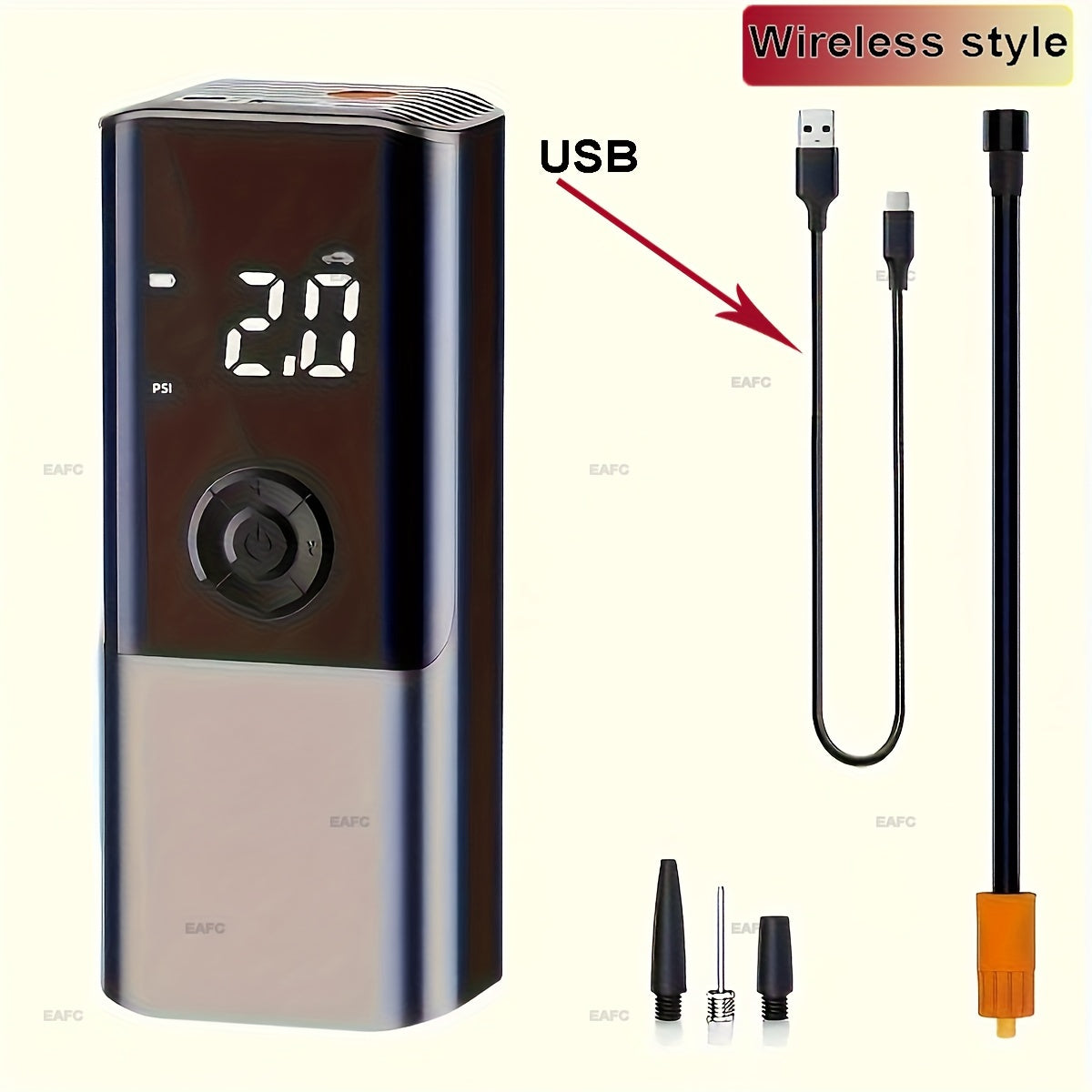 Portable Electric Car Tire Inflator Pump, USB Charging with Digital Display, Rechargeable Lithium Battery, LED Light, for Car Bike Motor Balls, ≤36V Operating Voltage, USB Type-C Connector, 1500mAh Capacity