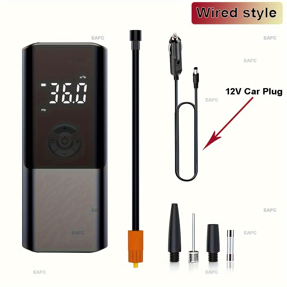 Portable Electric Car Tire Inflator Pump, USB Charging with Digital Display, Rechargeable Lithium Battery, LED Light, for Car Bike Motor Balls, ≤36V Operating Voltage, USB Type-C Connector, 1500mAh Capacity