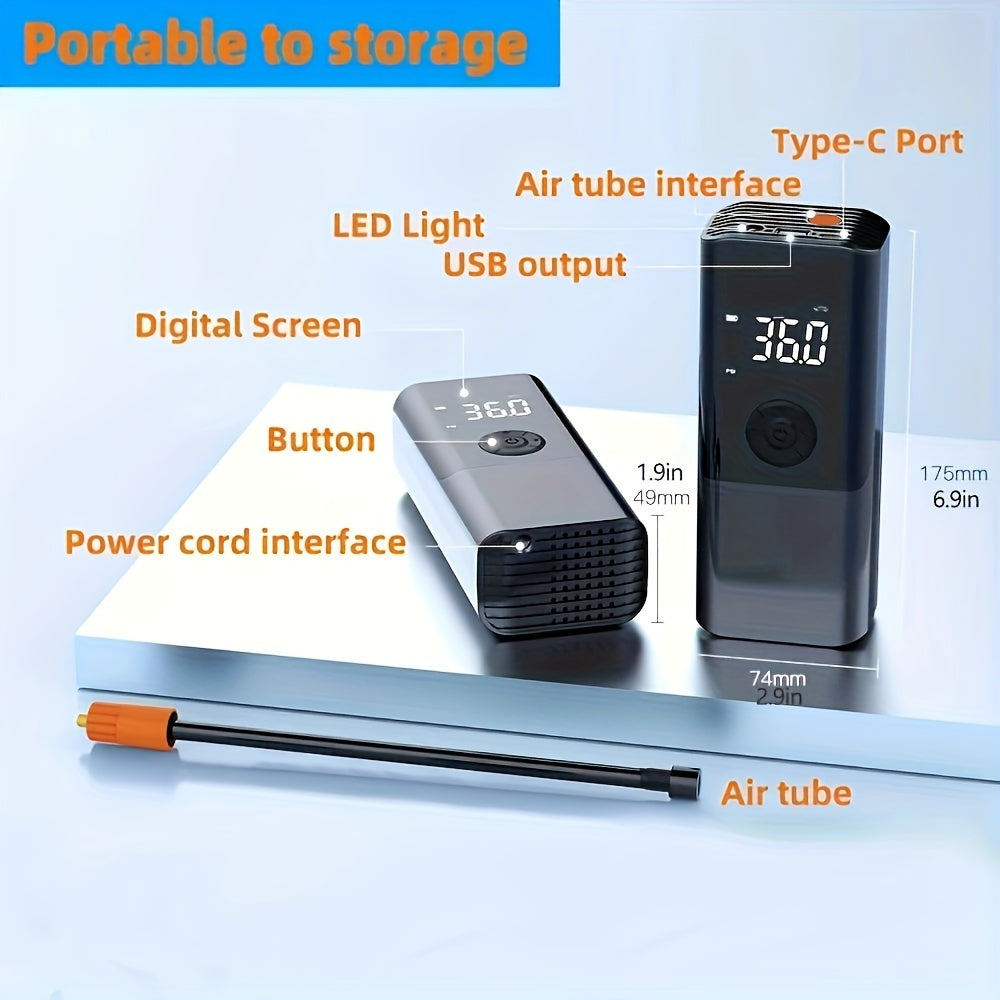 Portable Electric Car Tire Inflator Pump, USB Charging with Digital Display, Rechargeable Lithium Battery, LED Light, for Car Bike Motor Balls, ≤36V Operating Voltage, USB Type-C Connector, 1500mAh Capacity