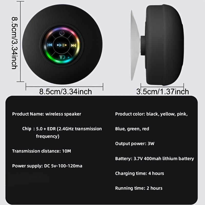 High Quality Speaker, Portable Wireless Speaker with Suction Cup, USB Black Speaker with 2 Hours Play Time 3.7V/400mAh Battery 5.0 Wireless Version Life for Parties, Bathroom, Travel, Home, And Outdoor (Suction Cups Must Be O