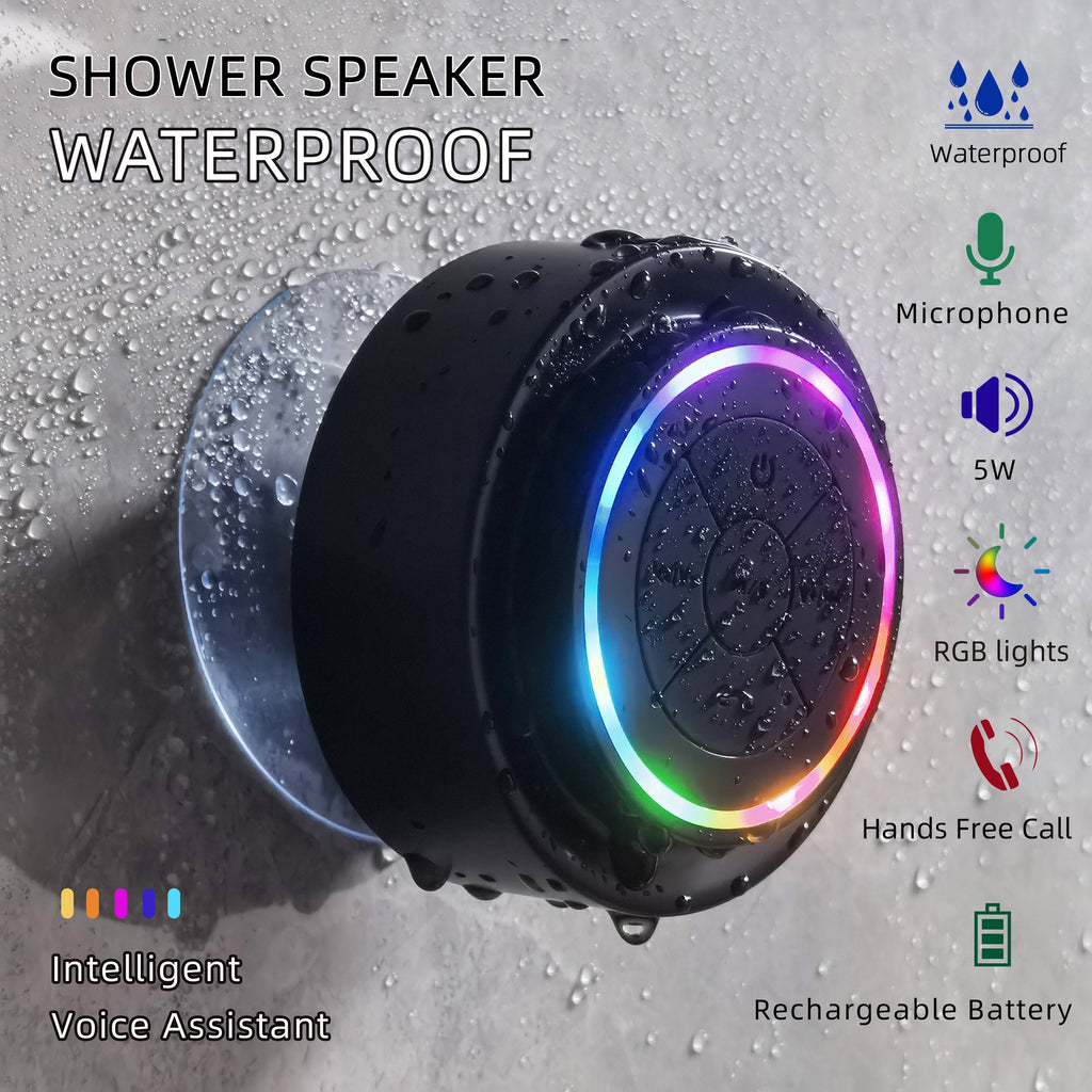 Portable Shower Speaker With Built-in Microphone, Voice Assistant Control, Hands-Free Calling, TWS Playback, 5W High Power, Rechargeable Lithium Polymer Battery, Long-Lasting Playtime, HD Decoding, Strong Suction Cup, RGB Lig
