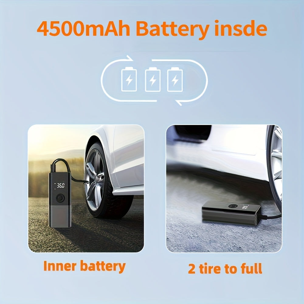 Portable Electric Car Tire Inflator Pump, USB Charging with Digital Display, Rechargeable Lithium Battery, LED Light, for Car Bike Motor Balls, ≤36V Operating Voltage, USB Type-C Connector, 1500mAh Capacity